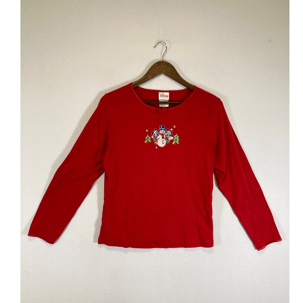 Christmas Disney Direct Womens L Red Mickey Minnie Snowman Embroidered Top